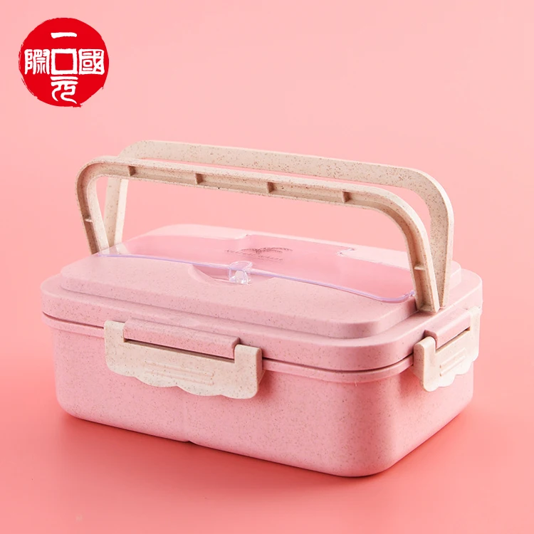 

Wheat straw split grid lunch box student three grid Japanese lunch box with stainless steel tableware can be microwave oven