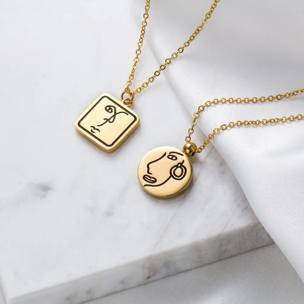

Designer Simple stroke original pattern Signet face Pendant Necklace Gold Plated Stainless Steel round square brand Neckalces