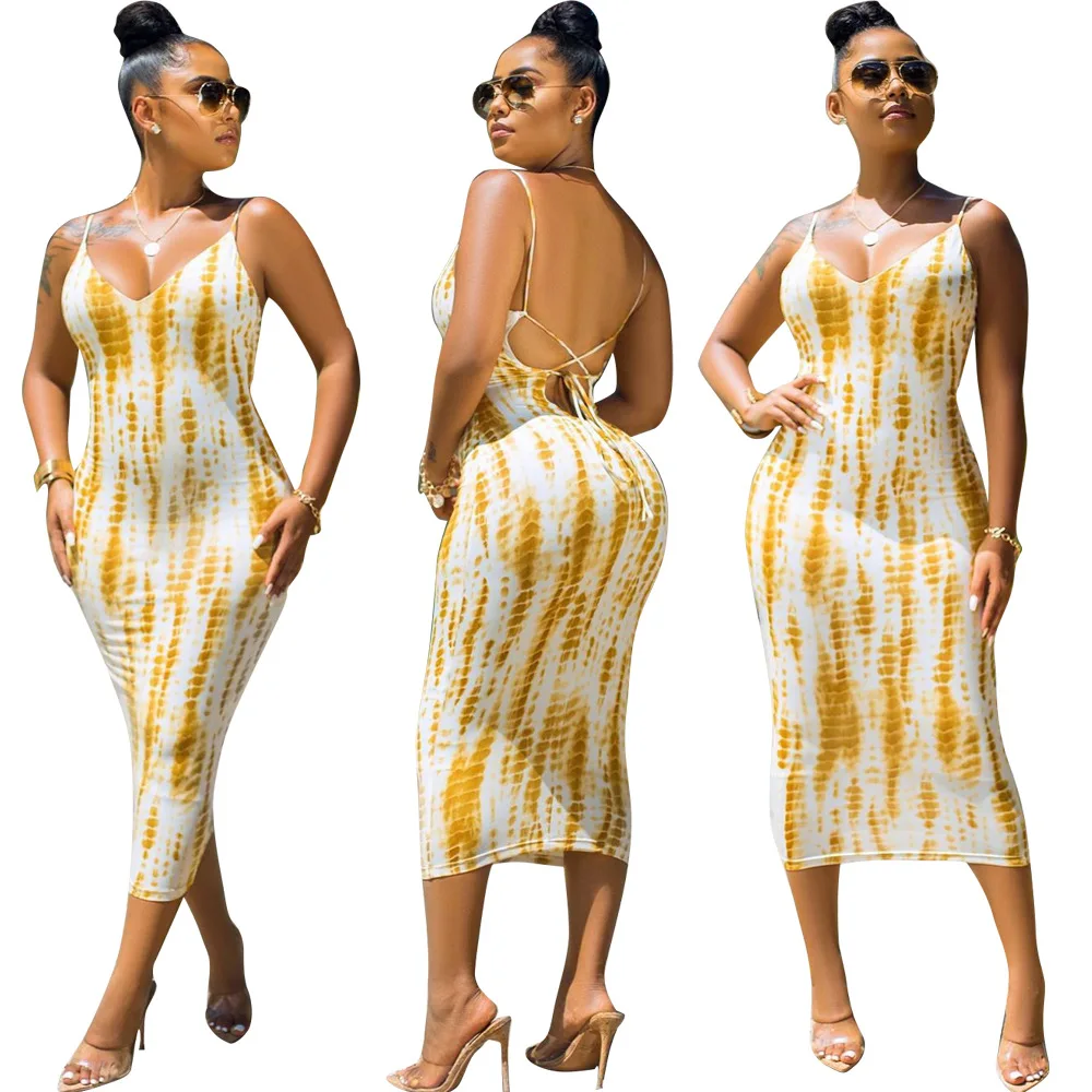 

2020 New fashion tie dye women clothing sexy maxi dresses women Deep V-nck backless bandage dresses printing dress