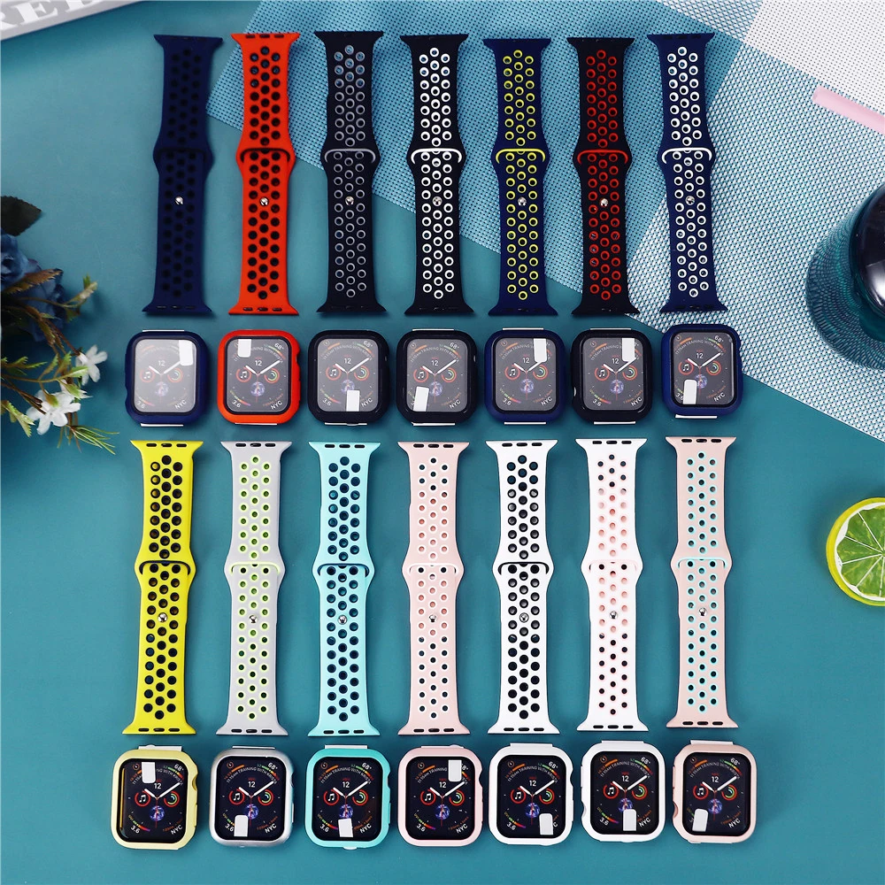 

41mm 45mm watch case with dual color fitness sport silicone watch band strap for apple watch series 7