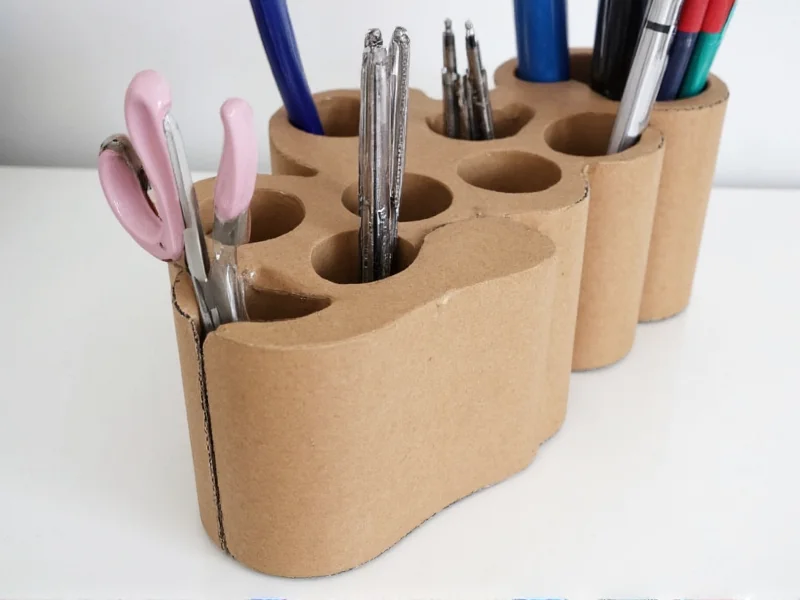 Handmade cardboard desk organizer holding pens and scissors