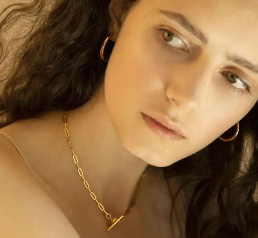 
2020 Trendy Stainless steel jewelry Love Link Necklace Toggle Closure Paperclip Chain Choker Necklace Yellow gold 