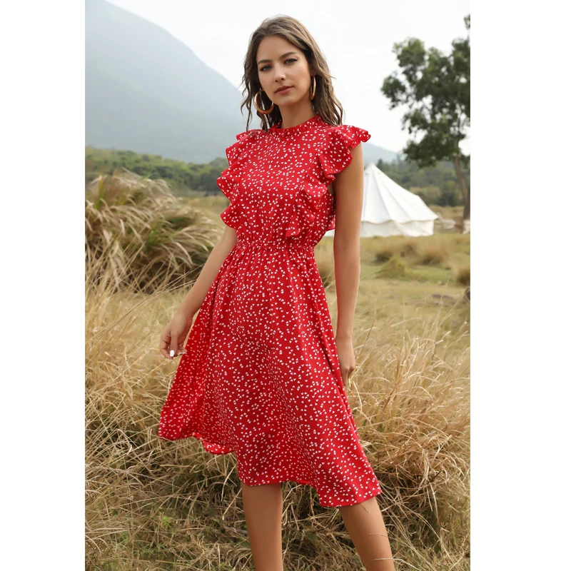 

Custom elegant chiffon red dot polka floral print lotus dress women fashion sleeveless maxi casual dresses