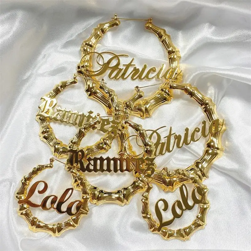 

Custom Name Christmas Gift 30-100 mm Hip Hop Big Gold Plated Bamboo Earrings Stainless Steel Heart Circle Shape Women Jewelry, Silver, gold , rose plated