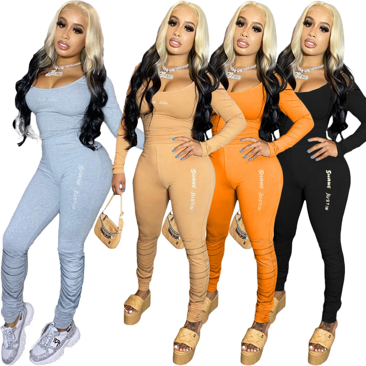 

Ready to ship fall autumn casual two piece set women clothing ruched stacked pants set