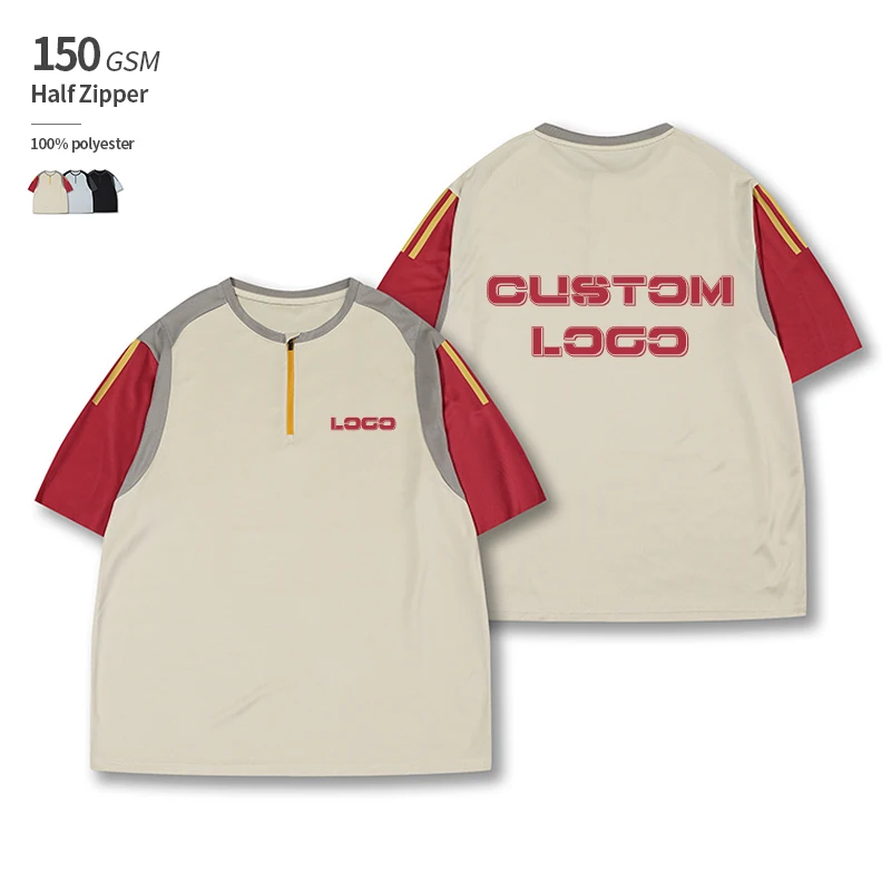 Half-Zip Sports 150 GSM Quick-Drying Breathable Knitted Mesh Fabric Custom OEM 100% Polyester Men's T-Shirt with Short Sleeves