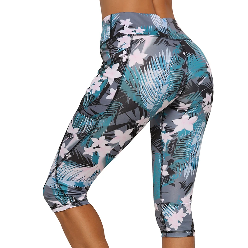 

Fashionable Full Color OEM Seamless Leggings Floral Prind Camouflage With Pocket Yoga Short Pants, Gray/black/pink/white