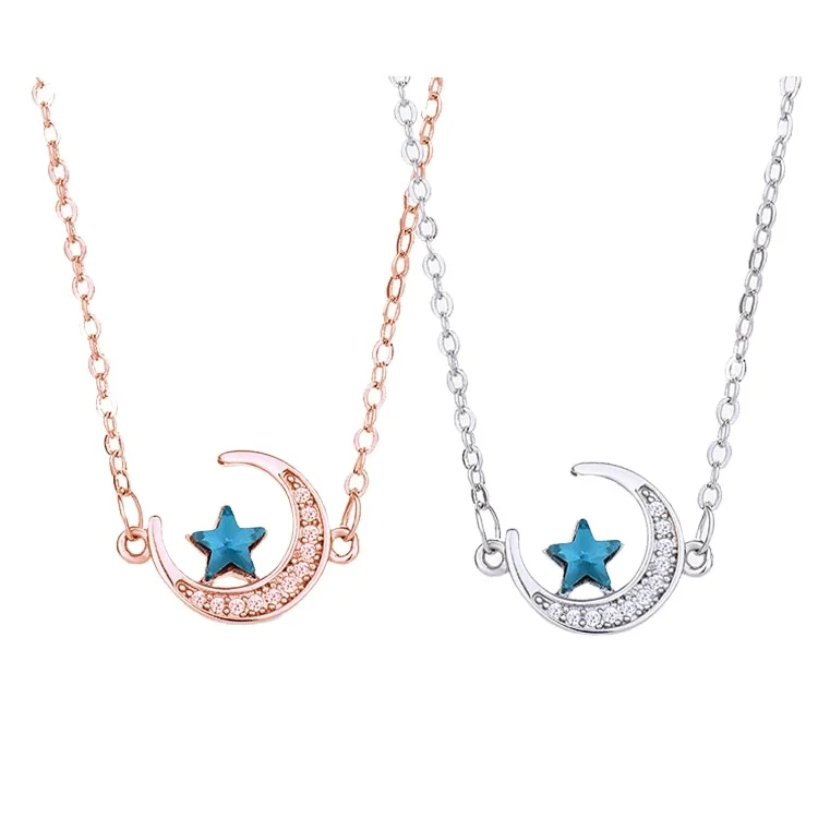 

925 Sterling Silver Half Crescent Moon Star Crystal Diamond Pendant Necklace