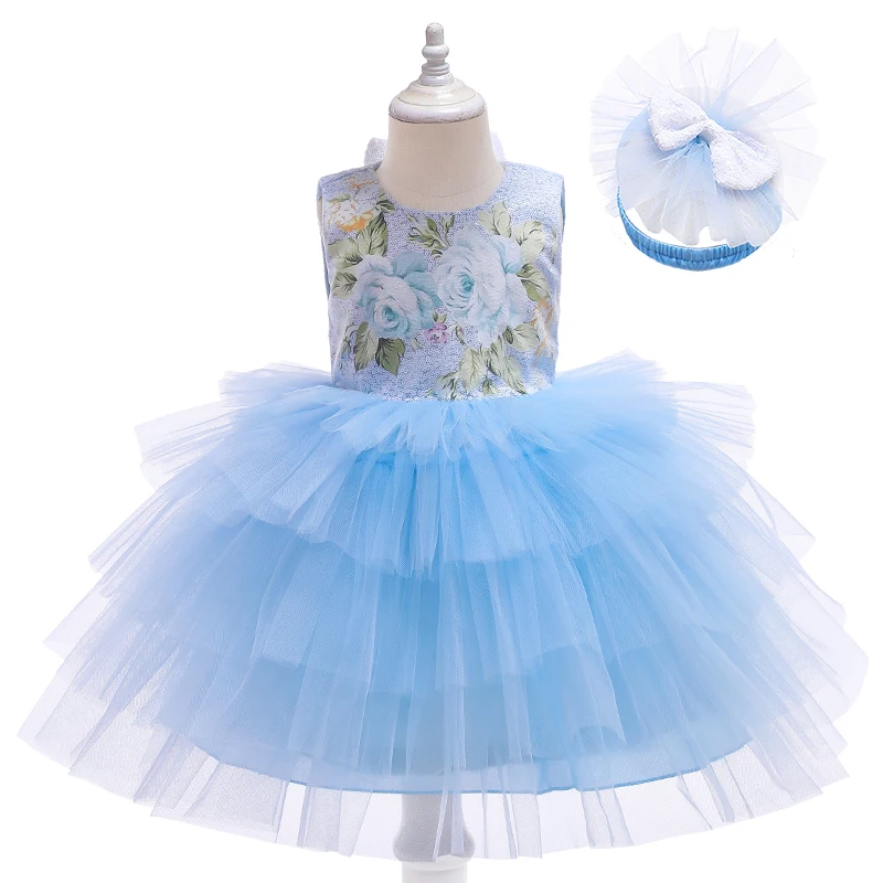 

D0765 Birthday Kids Fancy Floral Cake Layered clothes Love hollow bow sequined flower girls dress, Customized color