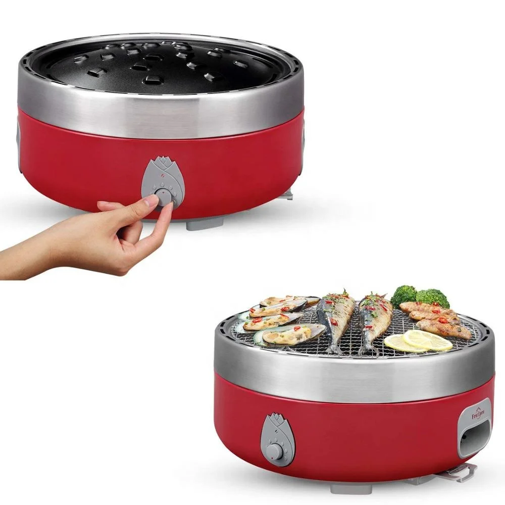 

Portable Smokeless Charcoal Barbecue Grill Korean BBQ Grill Portable Charcoal Grill with non-stick plate, Black /red
