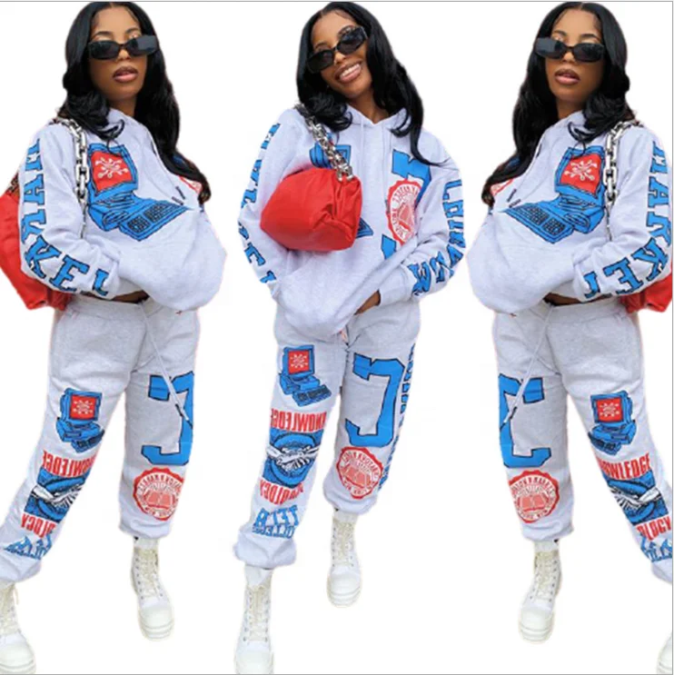 

Fall Winter 2 Piece Outfits Women Sets Two Piece Loose Hooded Women Joggers Crop Hoodie Set