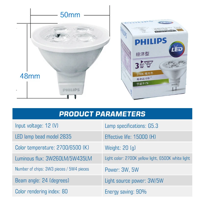 
Philips- High Quality 12V 240lm Ra80 GU5.3 3W 5W MR16 LED Spotlight Cup With 3 LEDS for Pin Wardrobe 