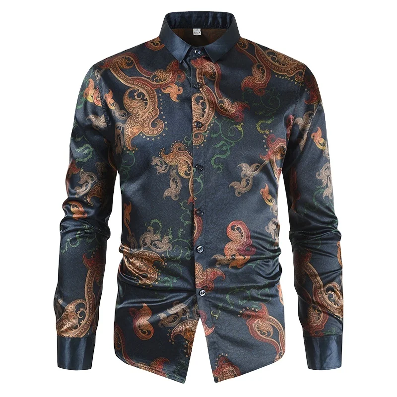 

Latest design chemise homme camisa hombre mens fashion casual button up long sleeve sation silk dragon shirt