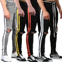 

Men's jeans pants USA fashion male side stripe skinny stretch jeans with bottom zipper