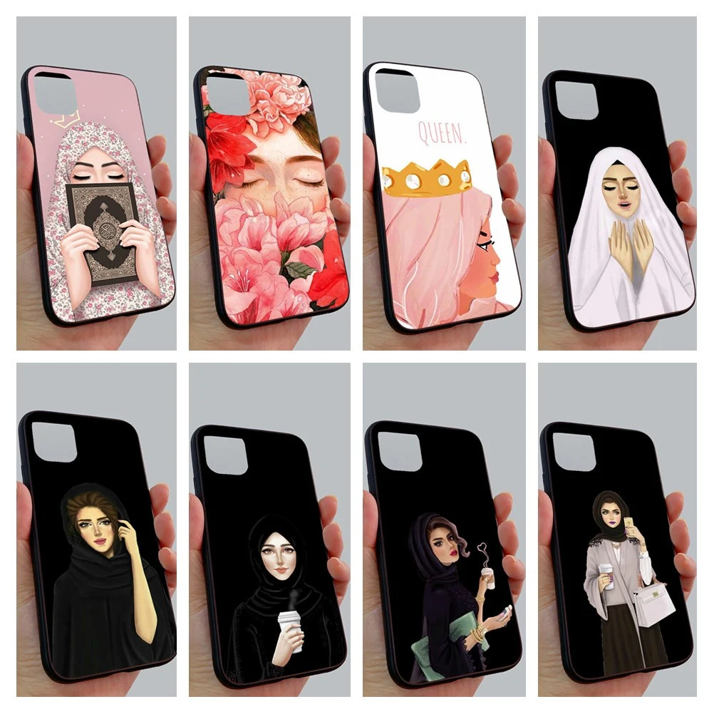 

Glass Back Case 5s se 6s 8plus XR XS Soft Side Phone Case For Iphone 11 12 mini pro max Black muslim islamic girl boy Cover Bags