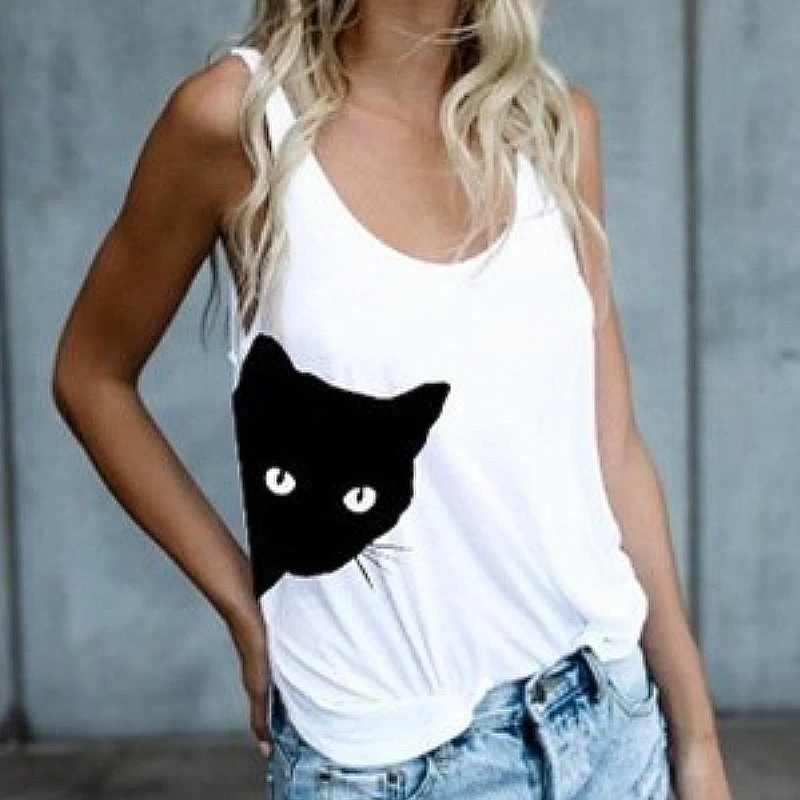 

Wholesale Custom womens cat printing o-neck sleeveless gym vest fashion tank top Hot sale women's casual vest t-shirt
