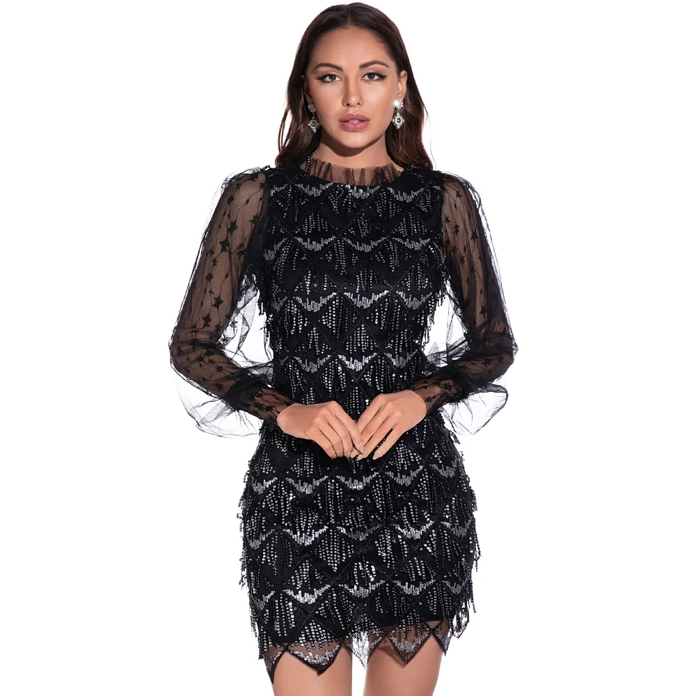 

New Tassel Embroidered Sequin Dress Sexy Mesh Long Sleeve Fashion Women Dresses, Picure