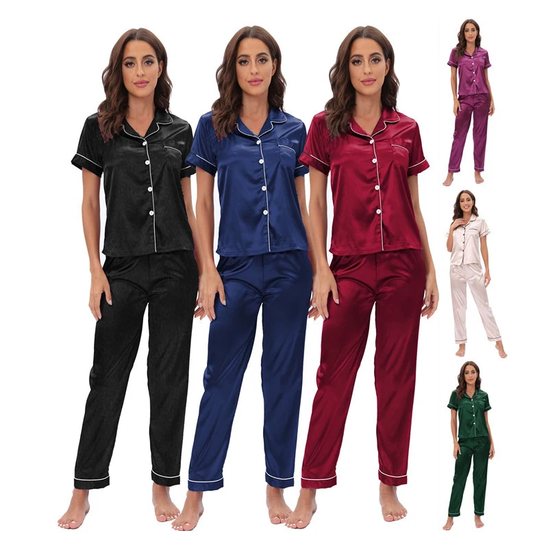 

2022 new arrival Women's Satin Pajama Set 2-Piece short sleeve Sleepwear Loungewear PJ Set