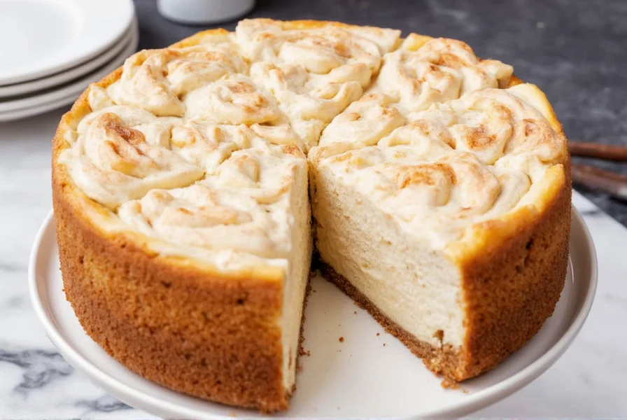 Perfectly swirled cinnamon bun cheesecake with cream cheese filling and caramelized edges on a springform pan