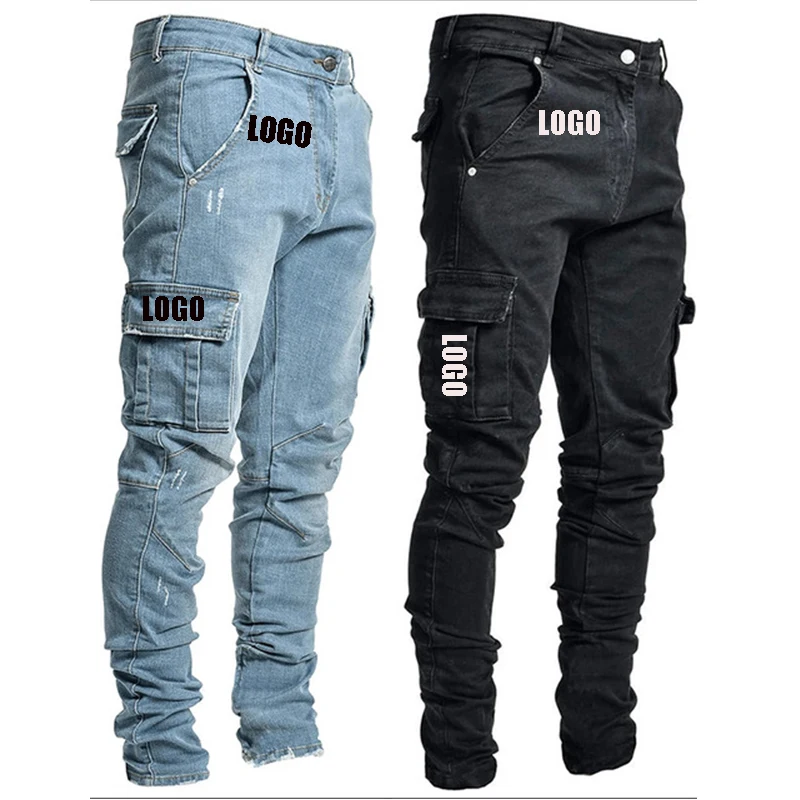 

2021 new style the side pocket Skinny men Jeans Super Skinny custom logo Non Ripped Stretch Denim cargo men pant