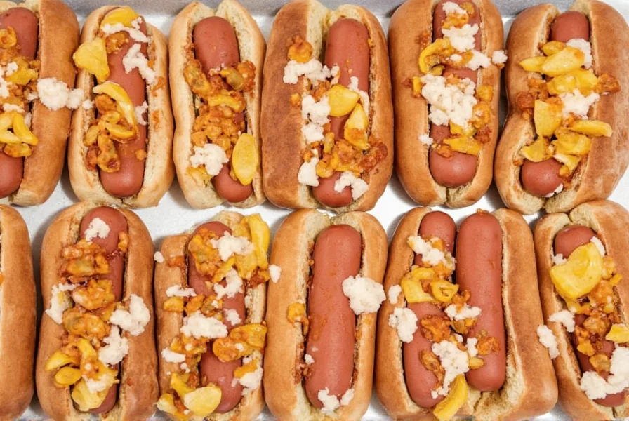Step-by-step hot dog assembly on a countertop
