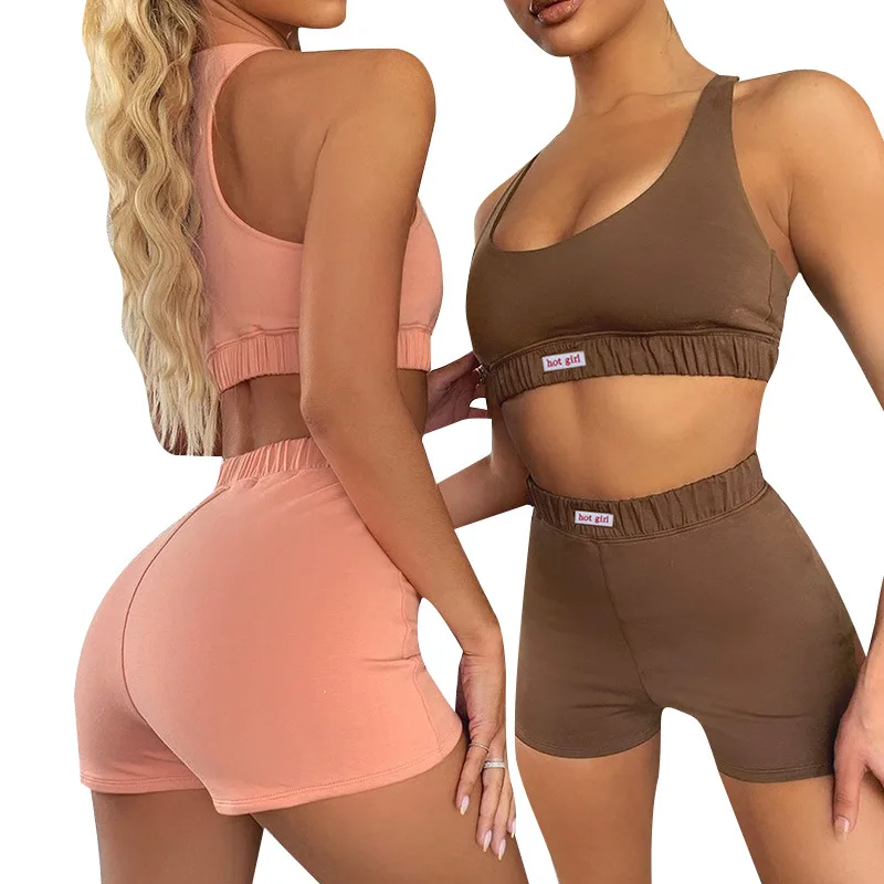 

Custom LOGO Ladies Casual Solid Athleisure Two Piece Outfits Summer 2021 Set Sportswear Tank Top And Biker Shorts Sets For Women, Picture
