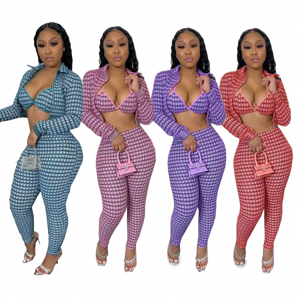 

Sinosun Women 2021 Fall Clothing Long Sleeve Grid Three Piece Set Zipper Coat Bra Pants Set Women Clothing Ropa De Mujer, Picture