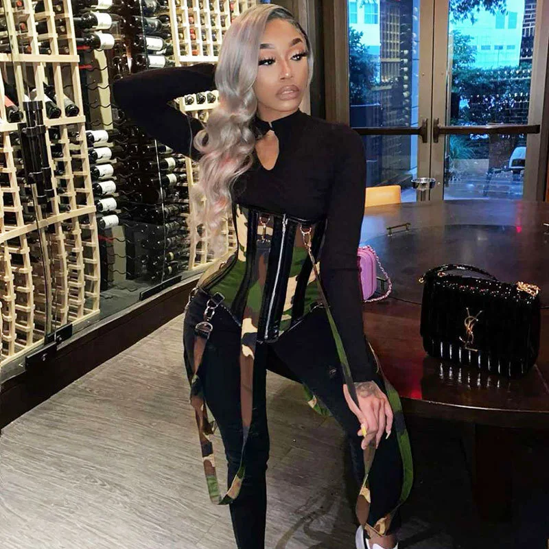 

New Arrival Women Ladies Winter Clothes Long Sleeve Hollow Out Jumpsuits Camouflage Corset Set with Straps Pencil Pants Skinny, Photo shows