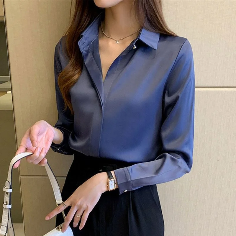 

D7517 Custom Women White Silk Shirt Tops Lady Long Sleeve Office Silk Ladies satin blouse, Picture shows