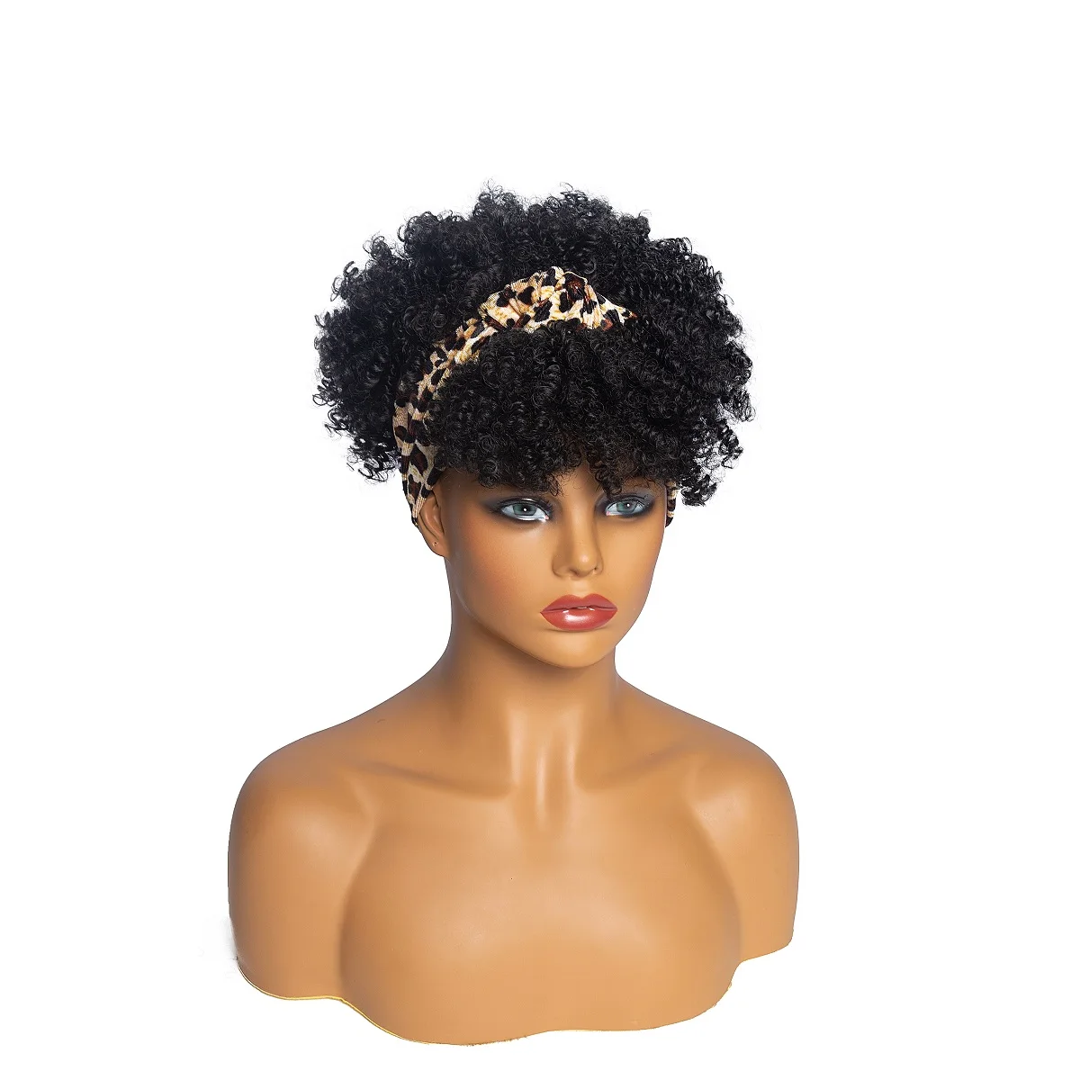 

Hot Selling Afro Kinky Curly Head Band Wigs Short Puff Synthetic Black Hair Wig With Leopard Print Turban Head-Wrap Attached