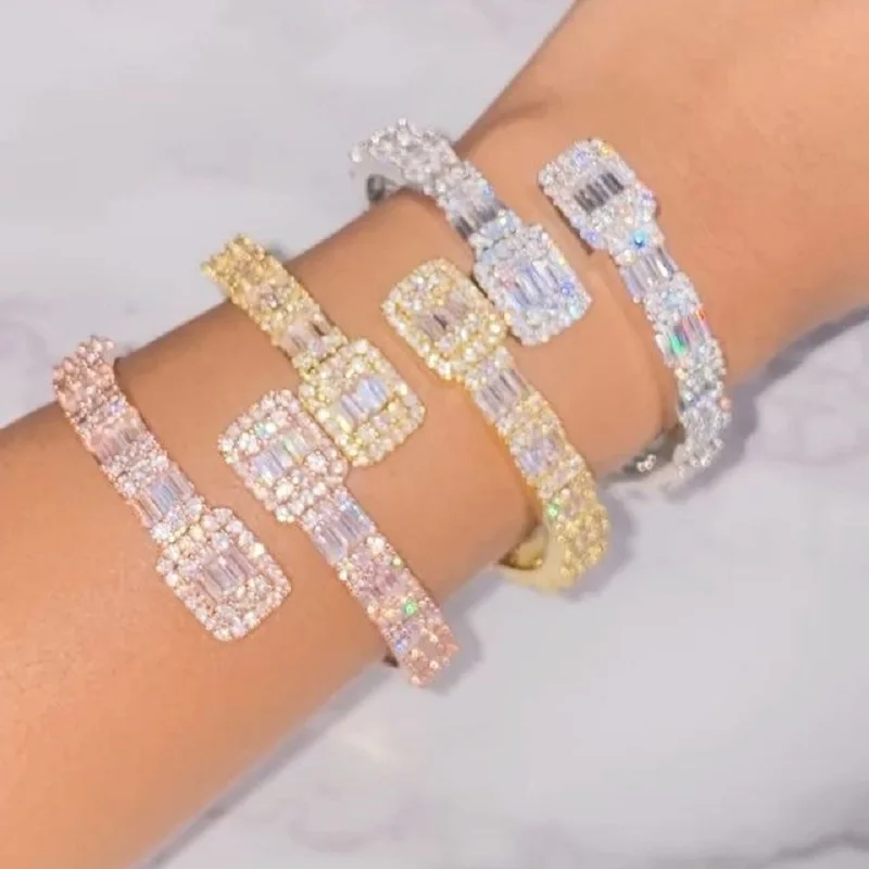 

2022 New Iced Out Bling Women Jewelry 5A Rectangle Cubic Zirconia CZ Open Adjusted Bangle Bracelet, Silver
