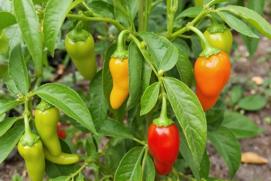 Rainbow pepper plant in garden showing multiple colored peppers at different maturity stages on the same bush