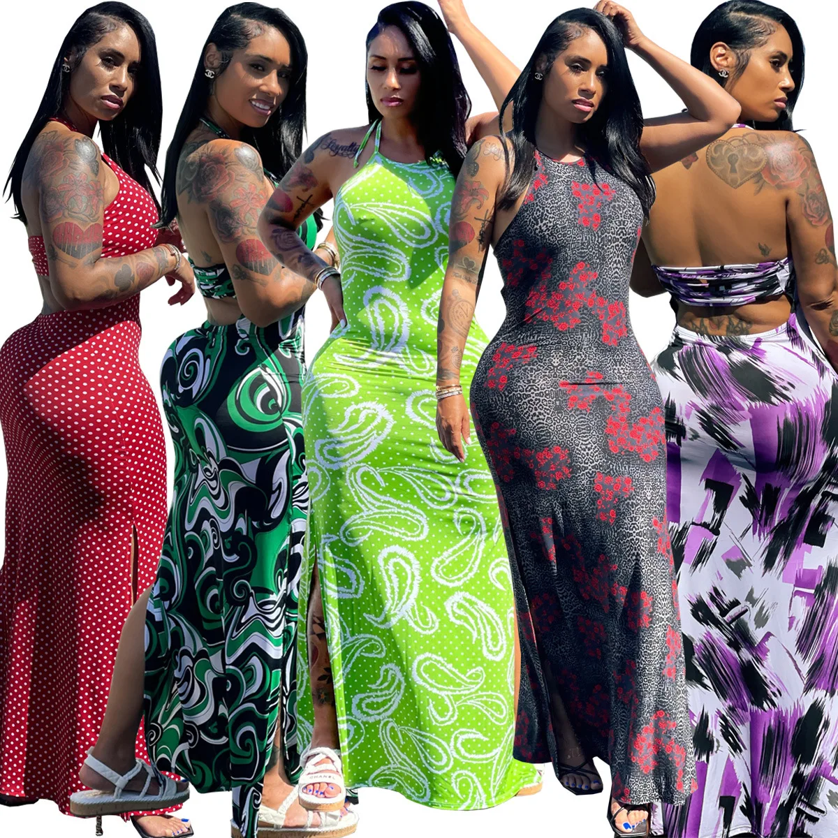 

Sexy Women Clothing Sundress Halterneck Printed Slits Women Dresses Casual Long Maxi Ladies Elegant Summer Dress 2022, Red, purple, green, black, light green