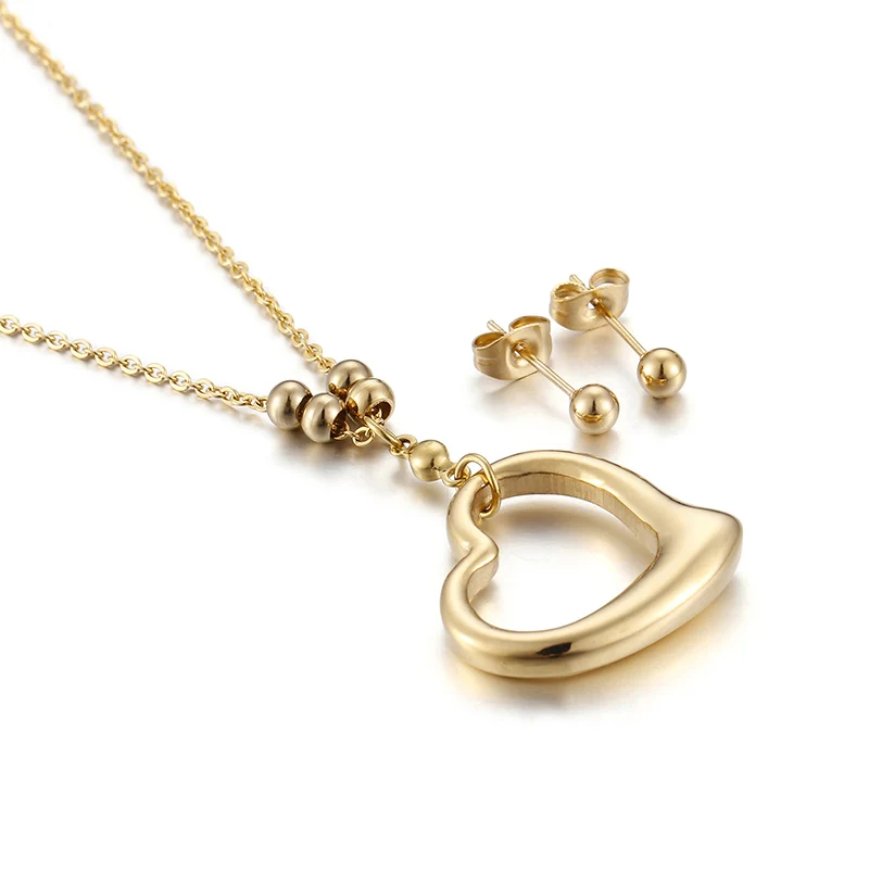 

Fashion Dubai Jewelry Love Heart Earrings Necklace 18K Gold Plated Sets Women Stainless Steel Jewellery Set