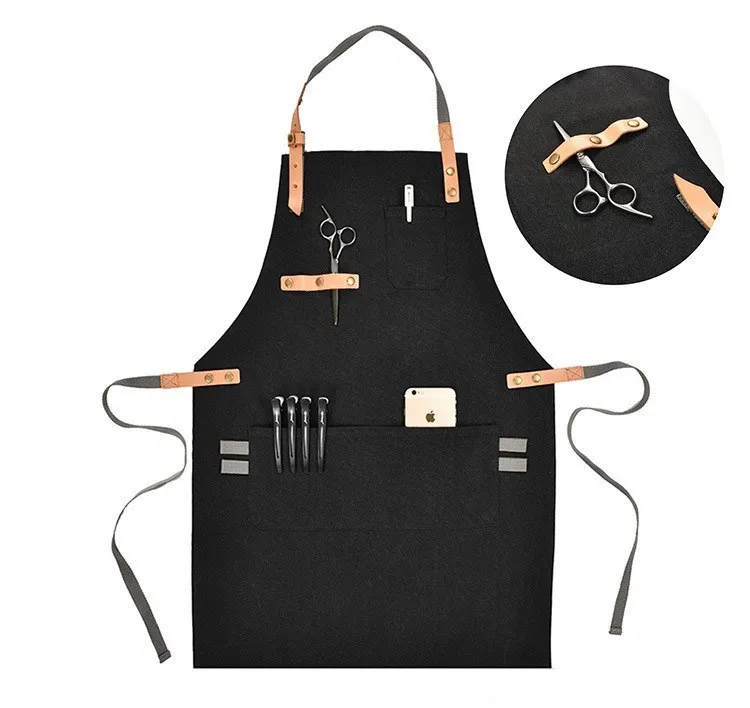 High quality fashion canvas aprons with genuine leather straps waiter coffee cafe working apron