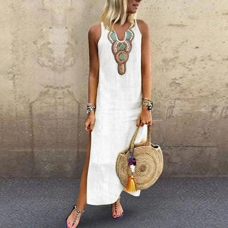 

Long Skirt Ethnic White Mix Casual Summer Women's Sleeveless V-Neck Print Retro Dress
