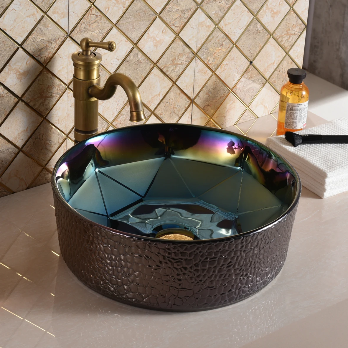 欧式高档奢华酒店浴室台面蓝色洗手水槽陶瓷圆形计数器卫浴颜色盆地