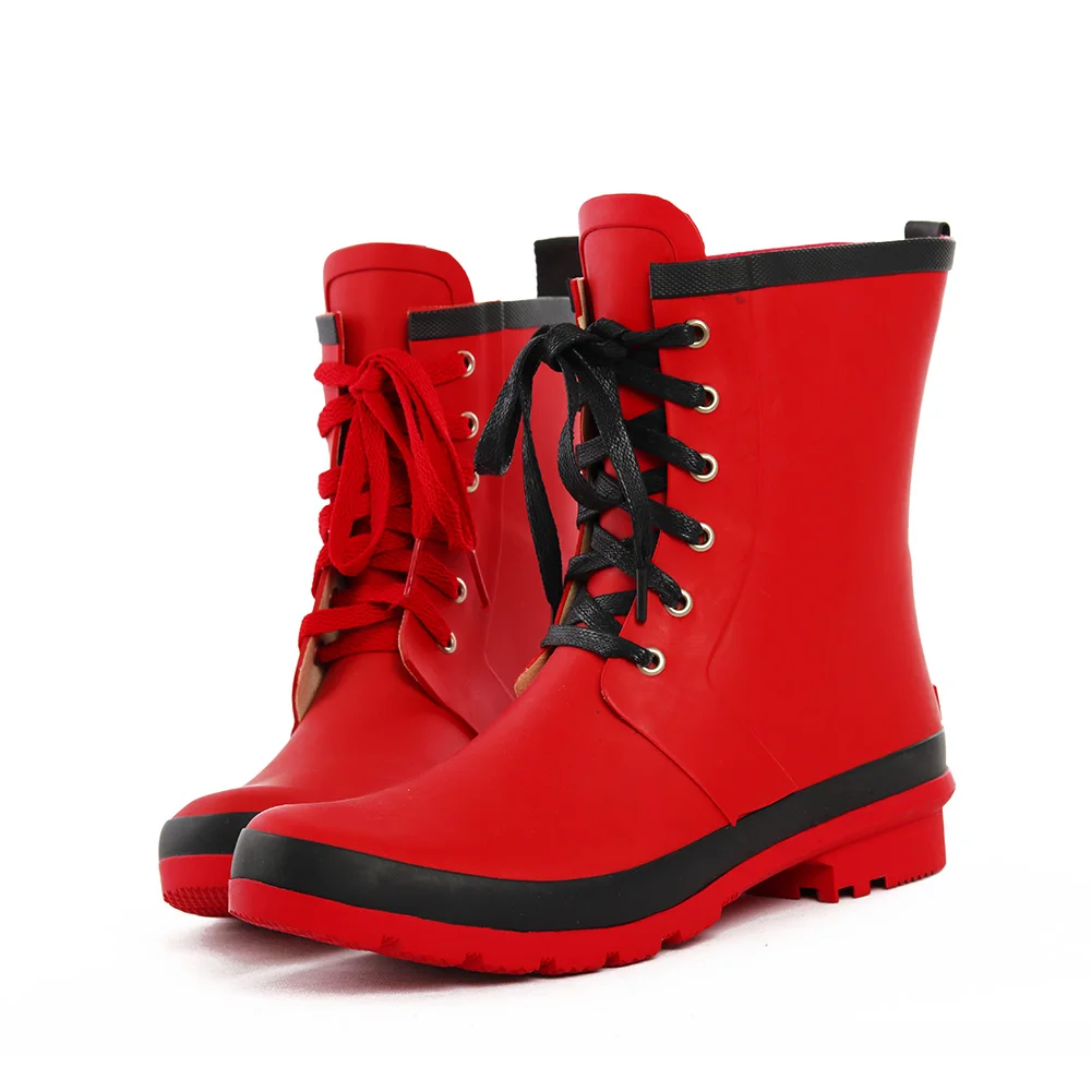 

ankle lace up women rain boots wholesale red black yellow rubber rain boots, Red,black,blue