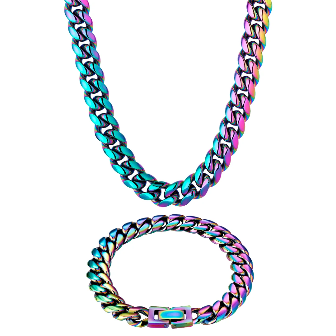 

KRKC Drop Shipping 1pcs Service 10mm Rainbow Colors Multicolor Miami Stainless Steel Cuban Link Chain Necklaces