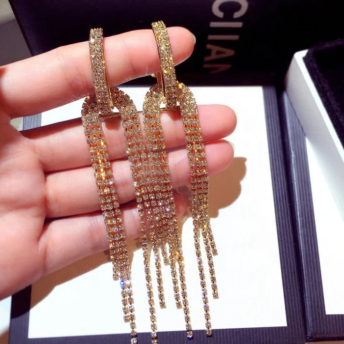 

New Bohemia Long Tassel Earrings Fashion Jewelry Gift Gold Color & Silver Color Rhinestone Dangle Earrings For Women, Picture shows