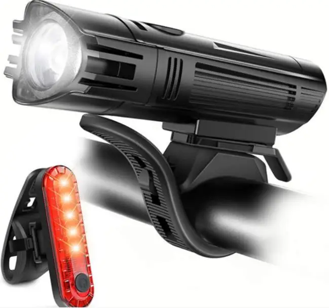 

Bright USB Rechargeable Bike Light Powerful Bicycle Front Headlight and Back Taillight 4 Light Modes for Road Mountain Cycling, Black