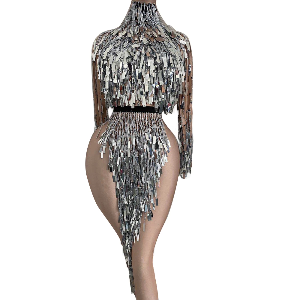 

Sexy Tassel Sequins Top + Skirt Womens Backless High Slit Singer Party Outfit Set Nightclub Performance Stage Dance Costumes