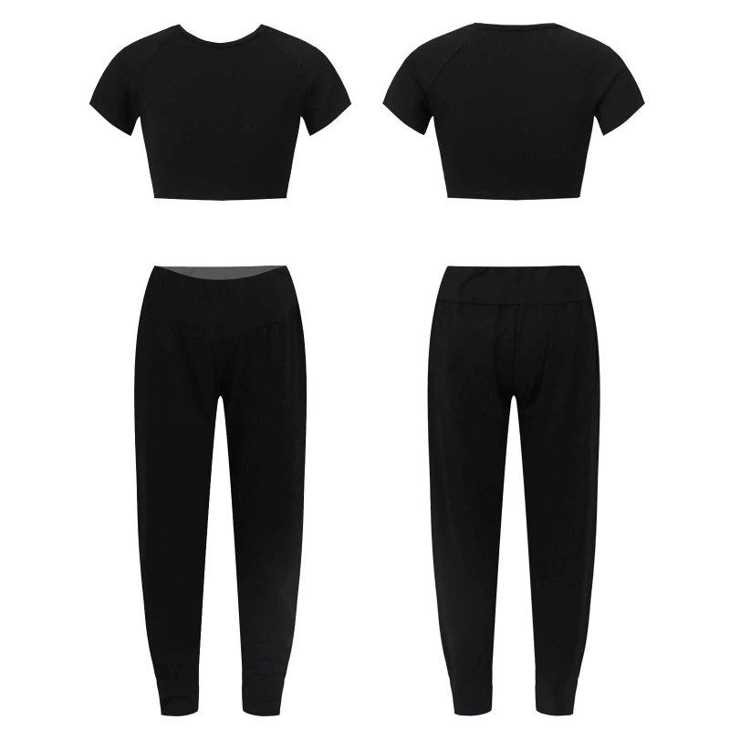 

High Quality Kids Girls Pure Color Sport Yoga Gym Set Crop Top With High Waist Wide Elastic Waistband Pants