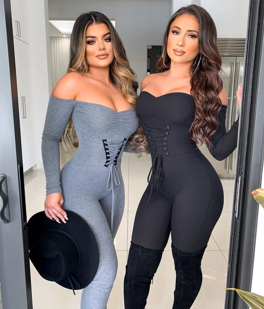 

Wholesale European and American Custom logo women winter long sleeved sexy hips off shoulders leisure sports bandage jumpsuit