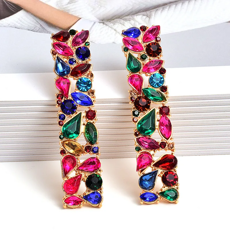 

European and American style fashion earrings long strip color vertical diamond jewelry wholesale, Gold