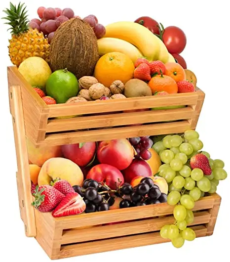 

2-Tier Bamboo Fruit Basket Bread Storage Stand Vegetable Rack Countertop Basket Bowl Holder Tray for Fruit Vegetables, Natural