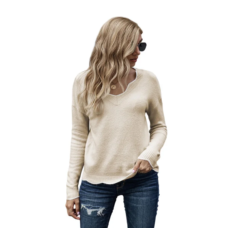 

Wholesale Fashion Women Wavy Cuffs Hemline Sexy V Neck Long Sleeve Slim Sweater, As picture