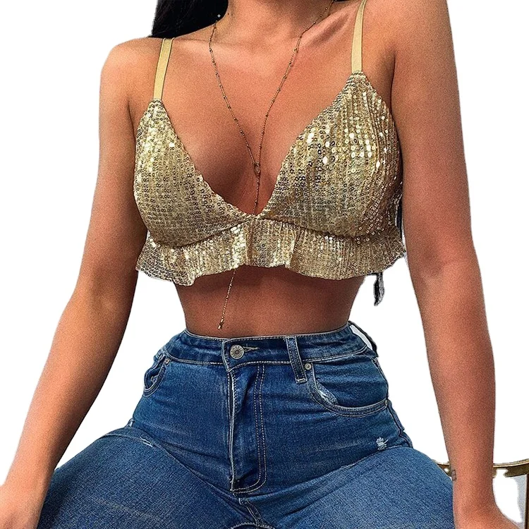 

Club Streetwear Beach Ladies Bra Bling Sequin Crop Camisole, Picture color