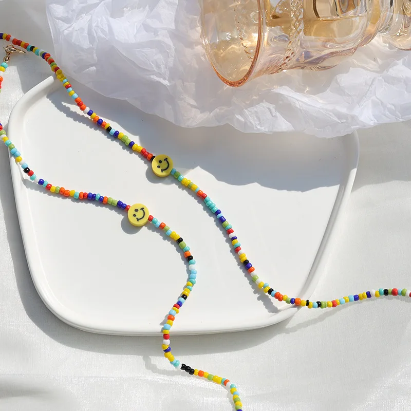 

JUHU Explosive smiley face handmade beaded niche design bungee clavicle necklace summer color collar for women wholesale, Colorful