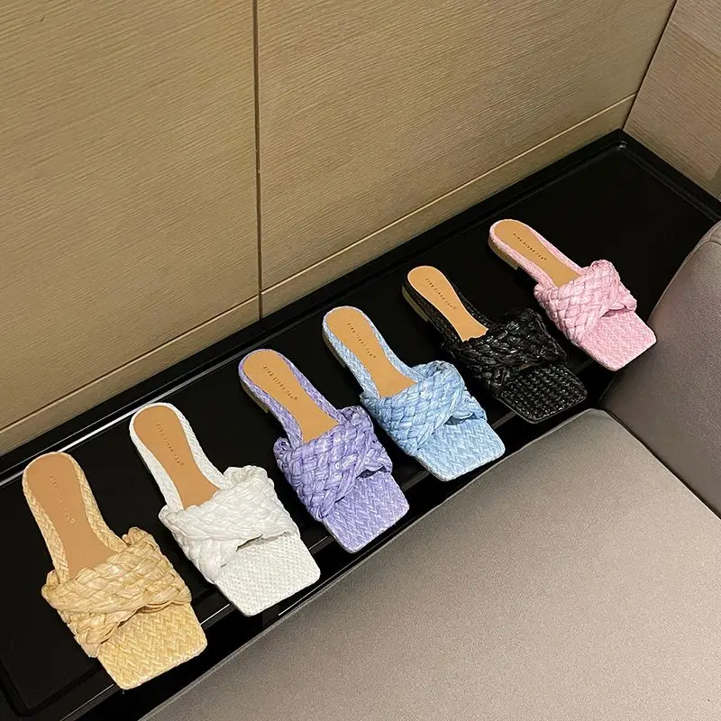 

Summer 2021 factory wholesales hand woven flat multi color slippers casual fashion outdoor beach slides women shoes, Six colors or customized